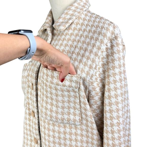 Anthropologie Dolan Tan White Houndstooth Knit Boxy Crop Jacket - Picture 9 of 16